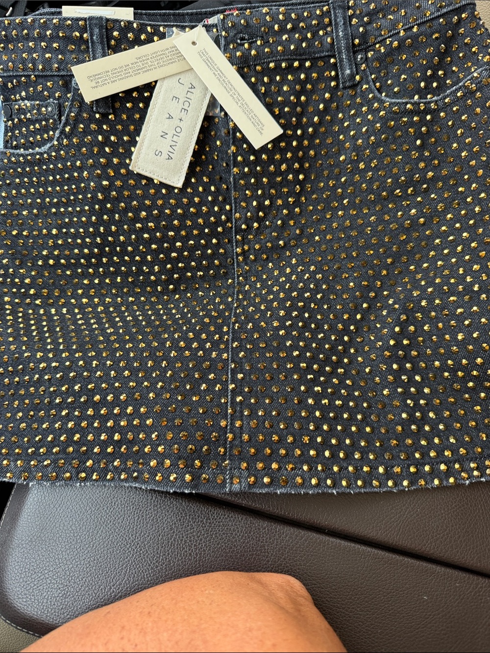 Alice + Olivia Black joss short denim black skirt with Gold Studs